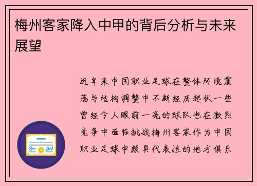 梅州客家降入中甲的背后分析与未来展望