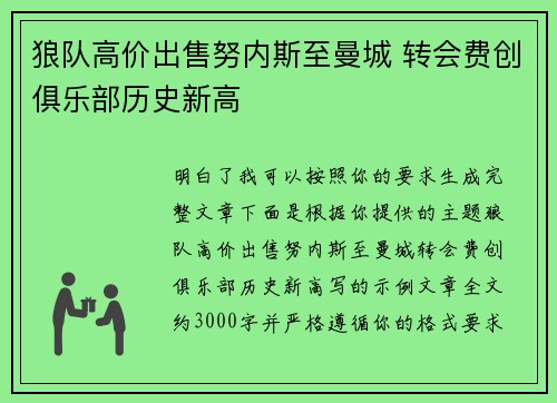 狼队高价出售努内斯至曼城 转会费创俱乐部历史新高